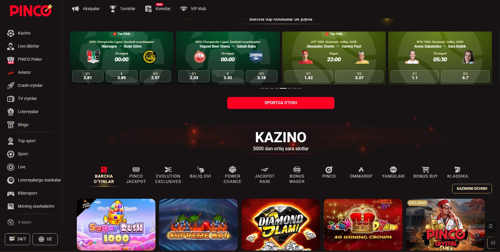 Pinco Casino uz katalogidagi o'yinlar